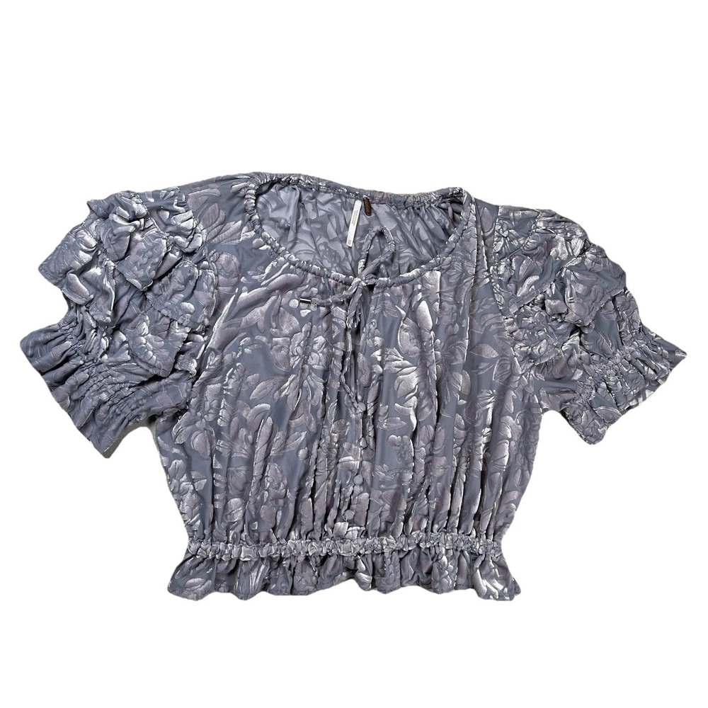 Free People Velveteen Dream Floral Velvet Burnout Sz XS‎ Silver Ruffle Crop Boho